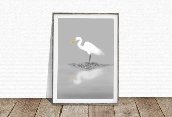 A beautiful great egret was standing still in the middle of wetland. This is the original artwork by Ellie Teramoto, digitally designed and painted based on a photograph that she took at Brazos Bend State Park near Houston, Texas.